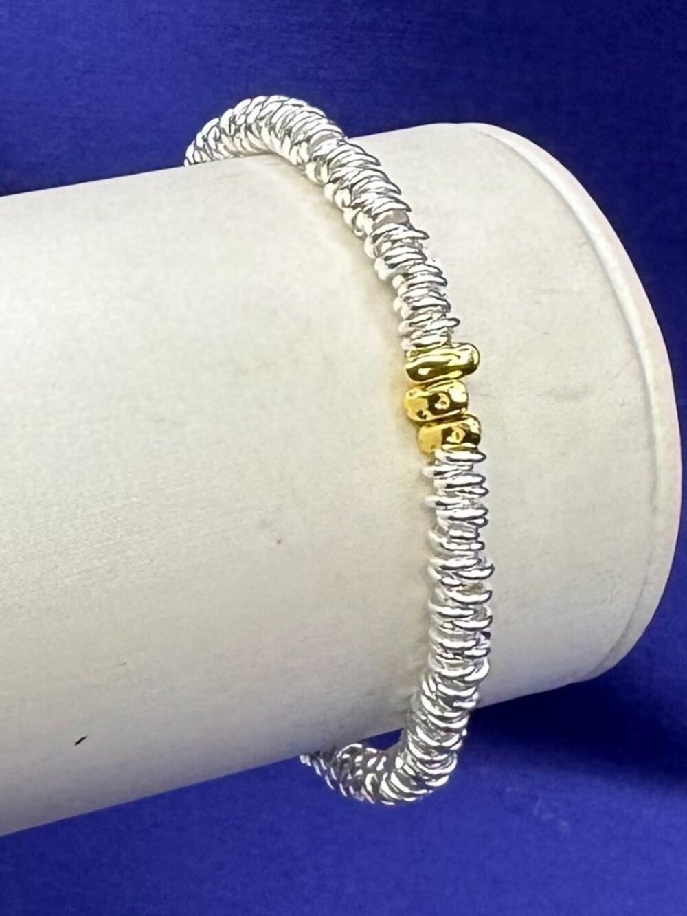 Sterling Stacked Disc Bead Bracelet Gold-Tone Accents